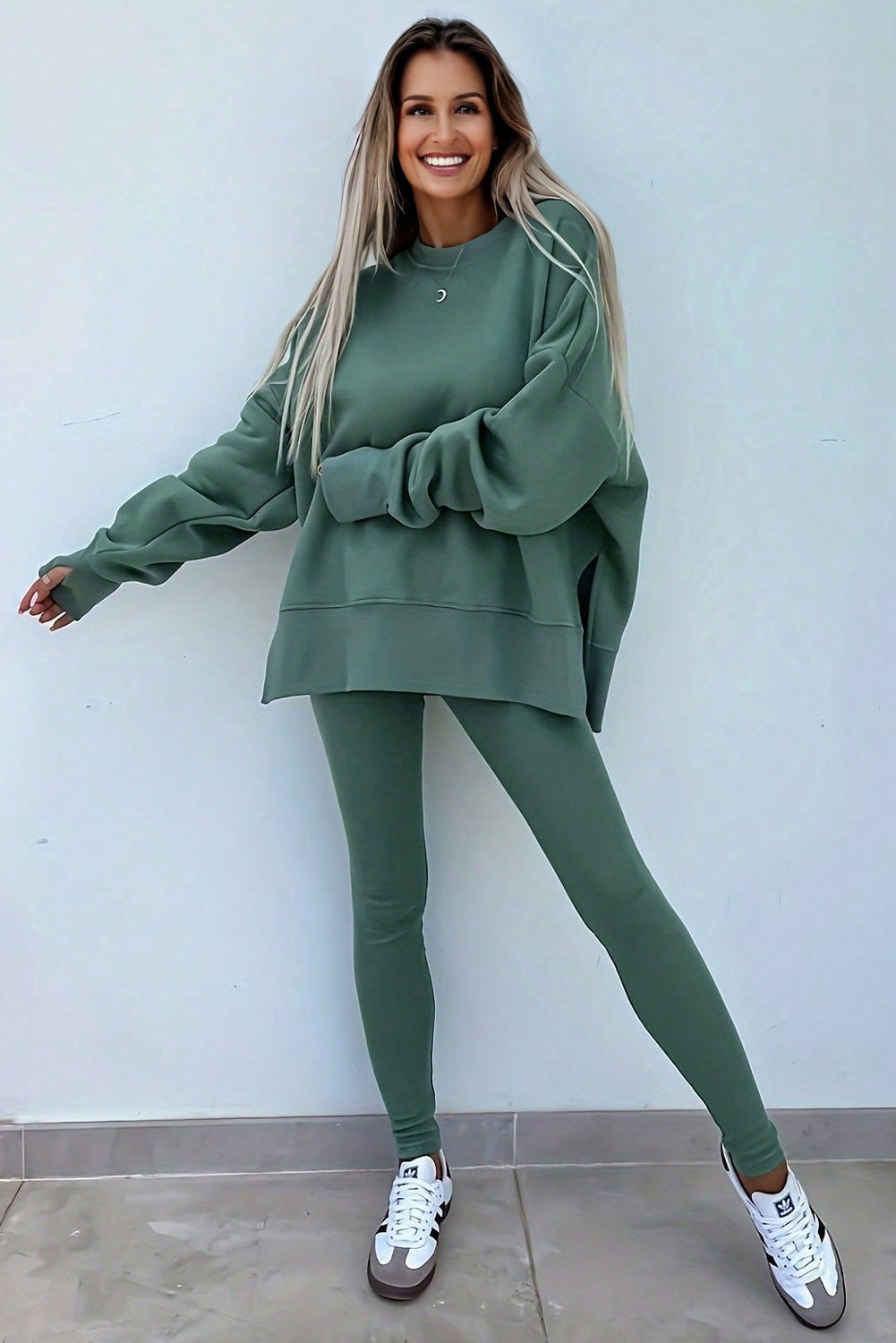 Green Bay Solid Color Oversize Slit Sweatshirt Ribbed Leggings Set