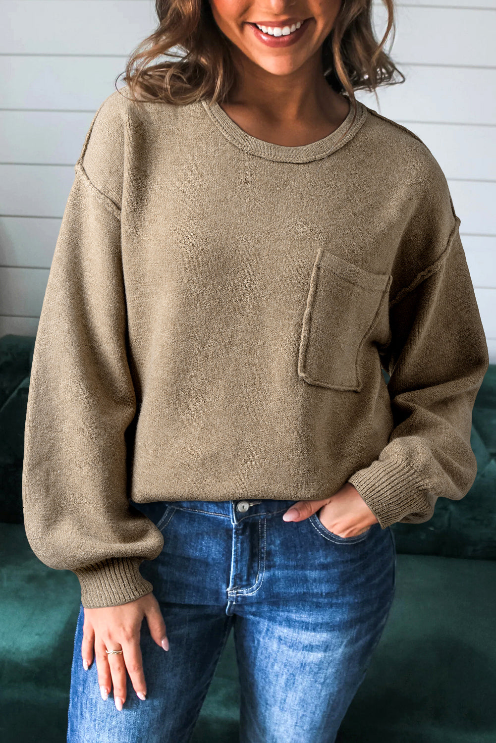 Dark Khaki Pocket Pullover Sweater
