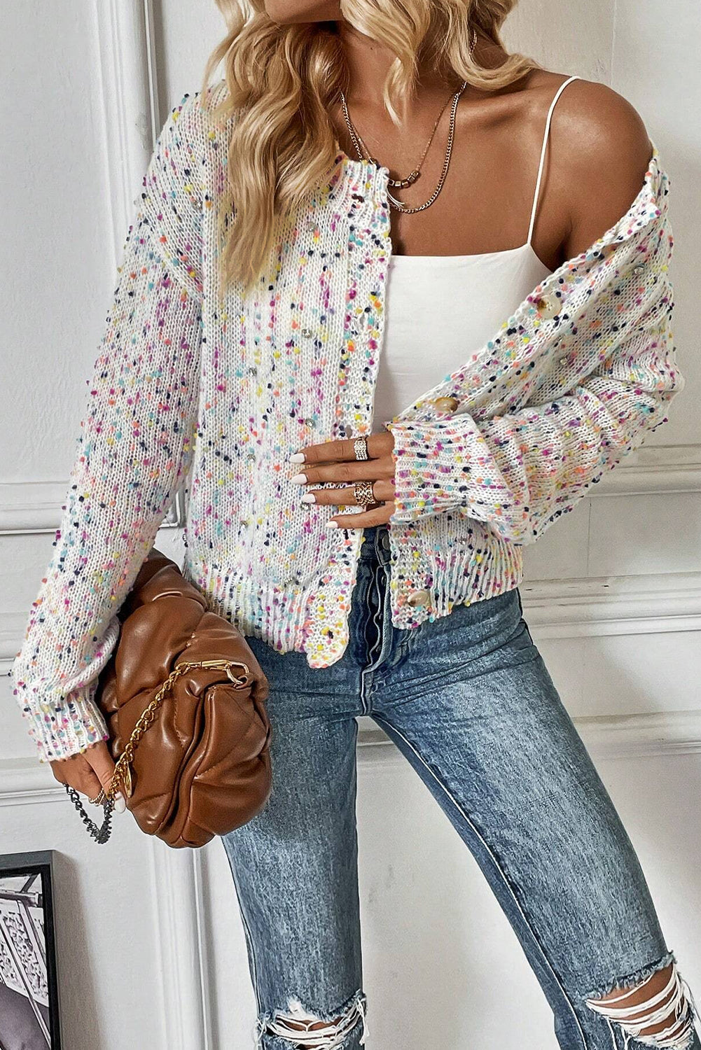 Apricot Confetti Knit Cropped Open Front Cardigan