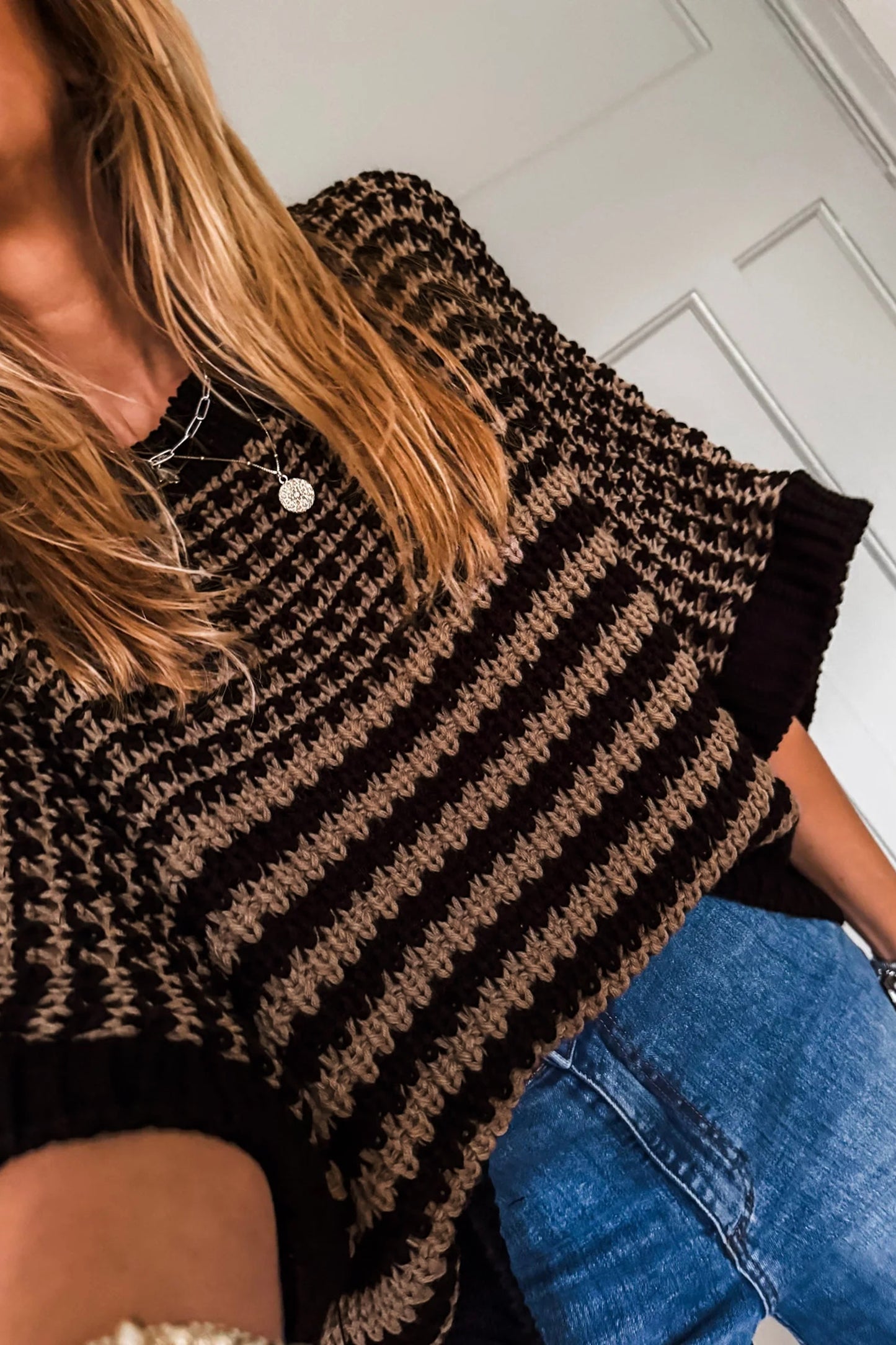 Green Stripe 3/4 Draped Sleeve Slouchy Sweater