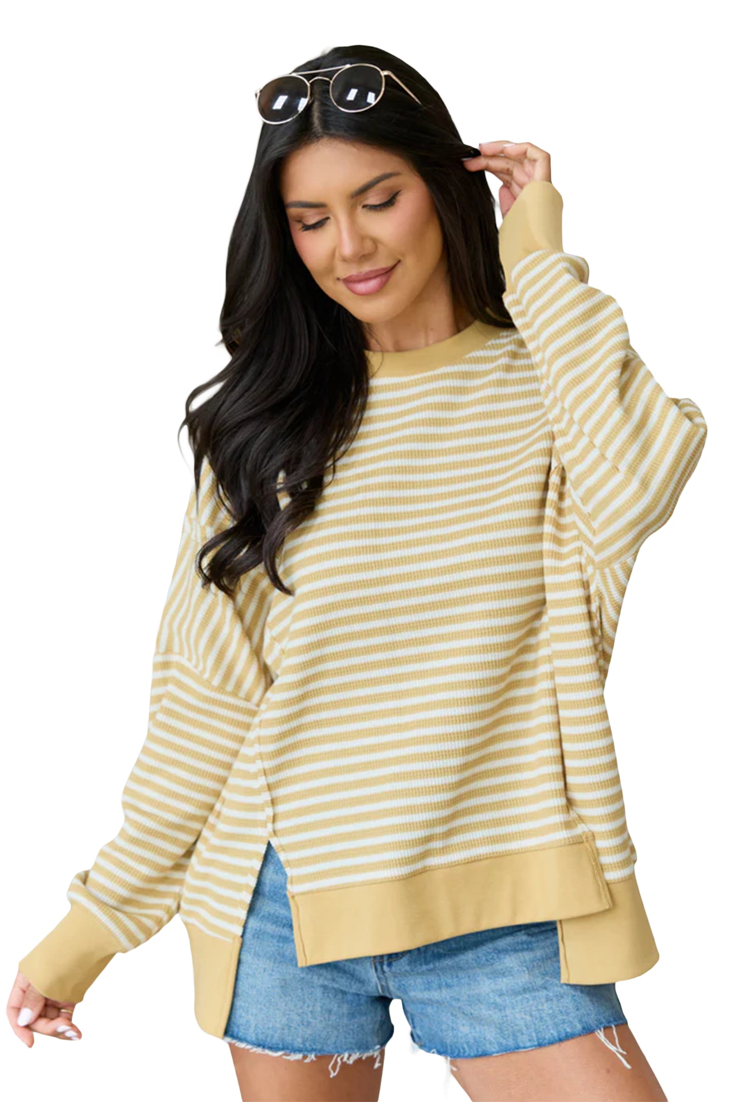 Khaki Stripe Textured Knit Color Block Trim Split Hem Long Sleeve Top