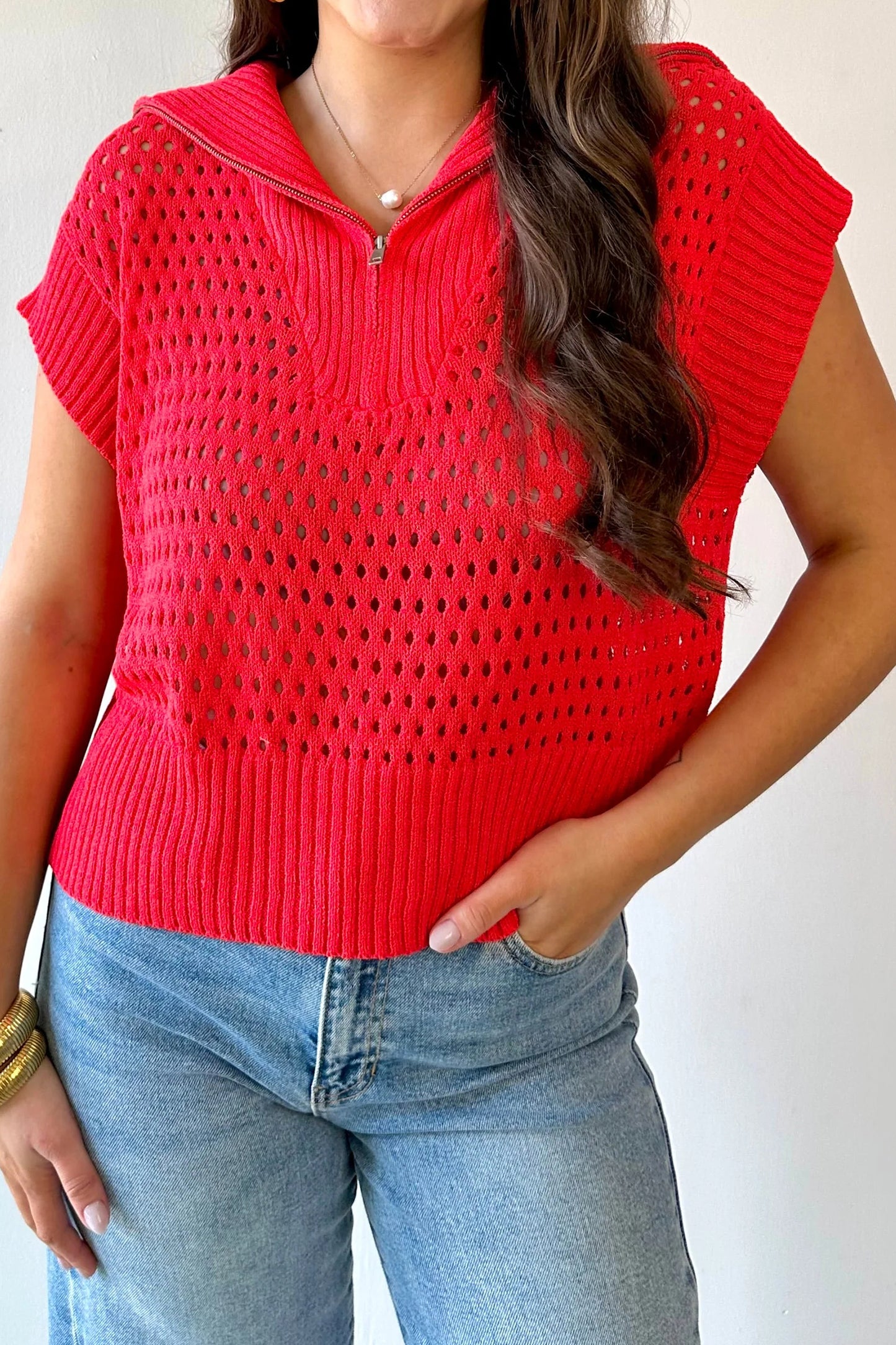 Sky Blue Solid Color Hollowed Knit Short Sleeve Zipper Collar Knitwear Top