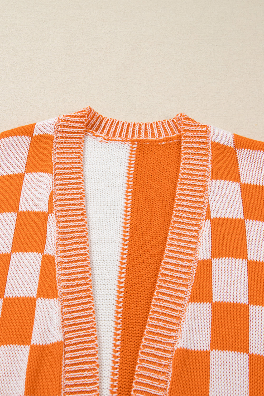 Orange Checkered Bubble Sleeve Plus Size Drop Shoulder Knit Cardigan