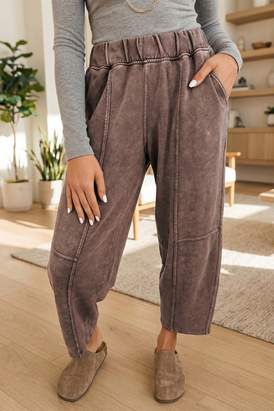Coffee Mineral Wash Seam Detail Elastic Waist Pants