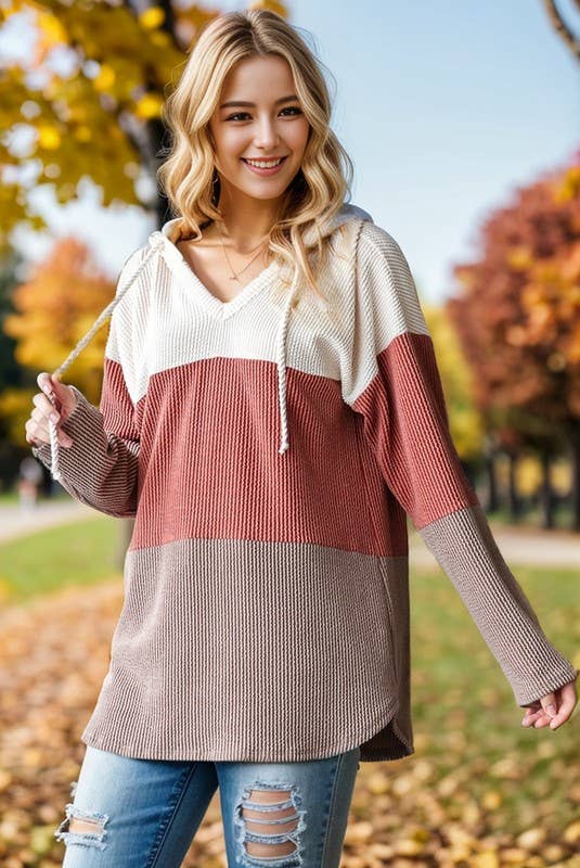 V-Neck Ribbed Drawstring Hoodie