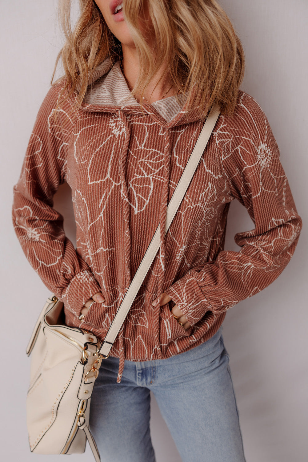 Brown Floral Twisted Rib Drawstring Kangaroo Pocket Hooded Top