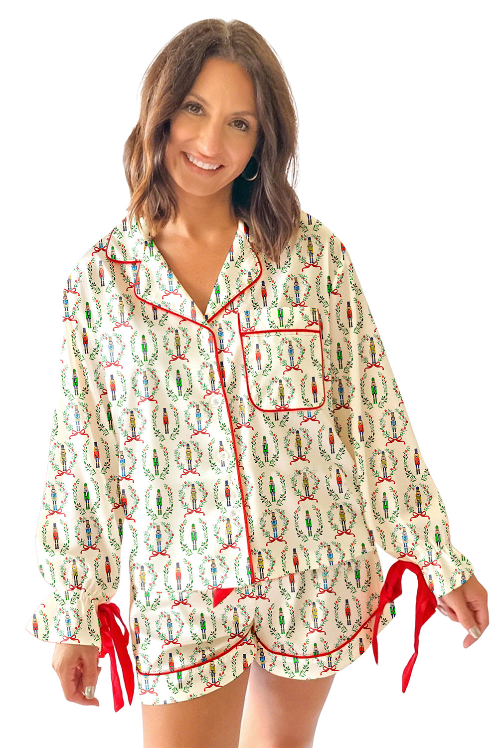 Beige Nutcracker Print Contrast Trim Bowknot 2pcs Pajama Set