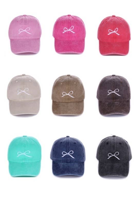 Coquette Ribbon Bow Embroidery Washed Hat: HOT PINK / 1 (ONE SIZE)