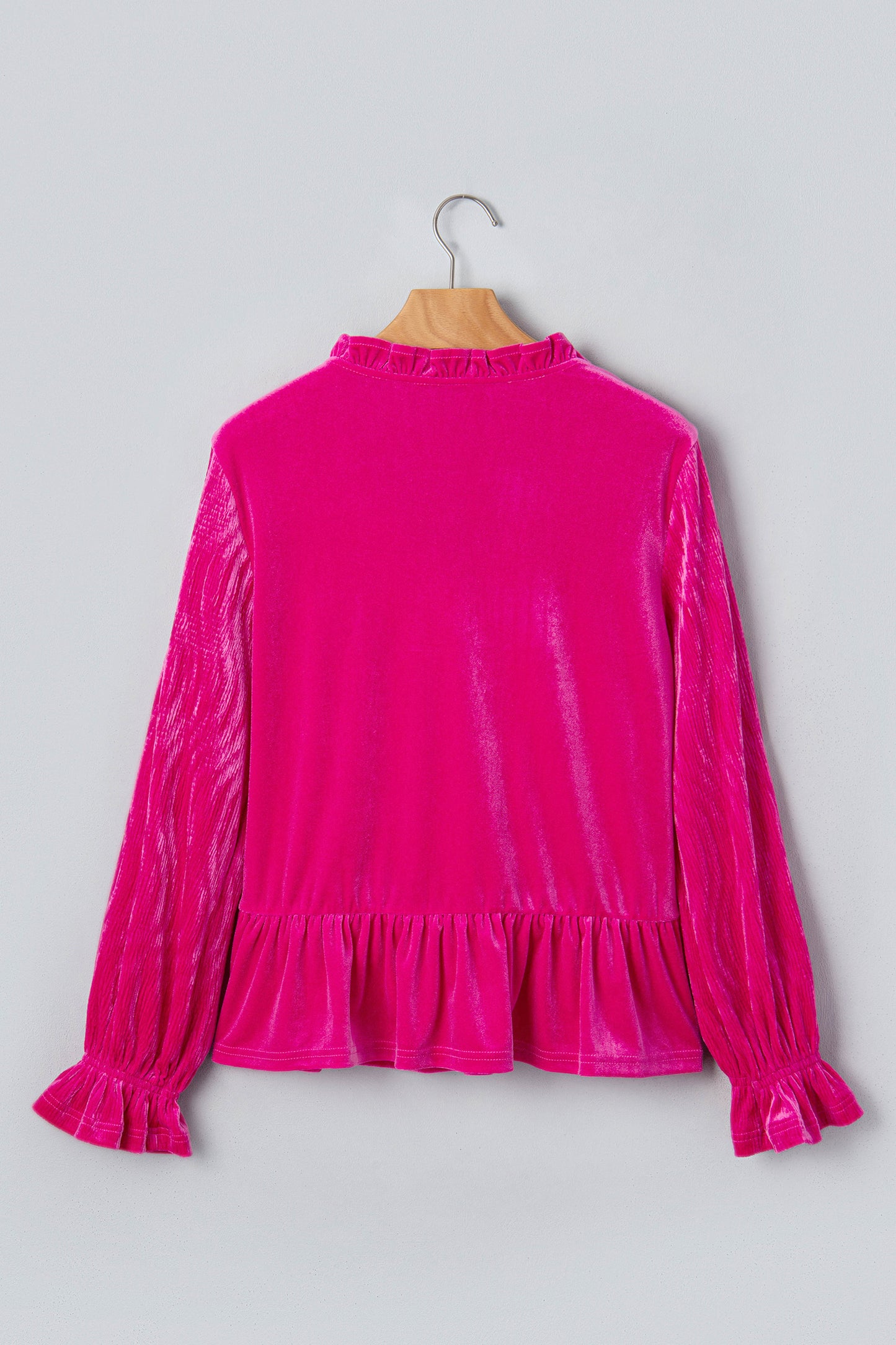 Strawberry Pink V Neck Velvet Ruffled Cuffs Hem Long Sleeve Top