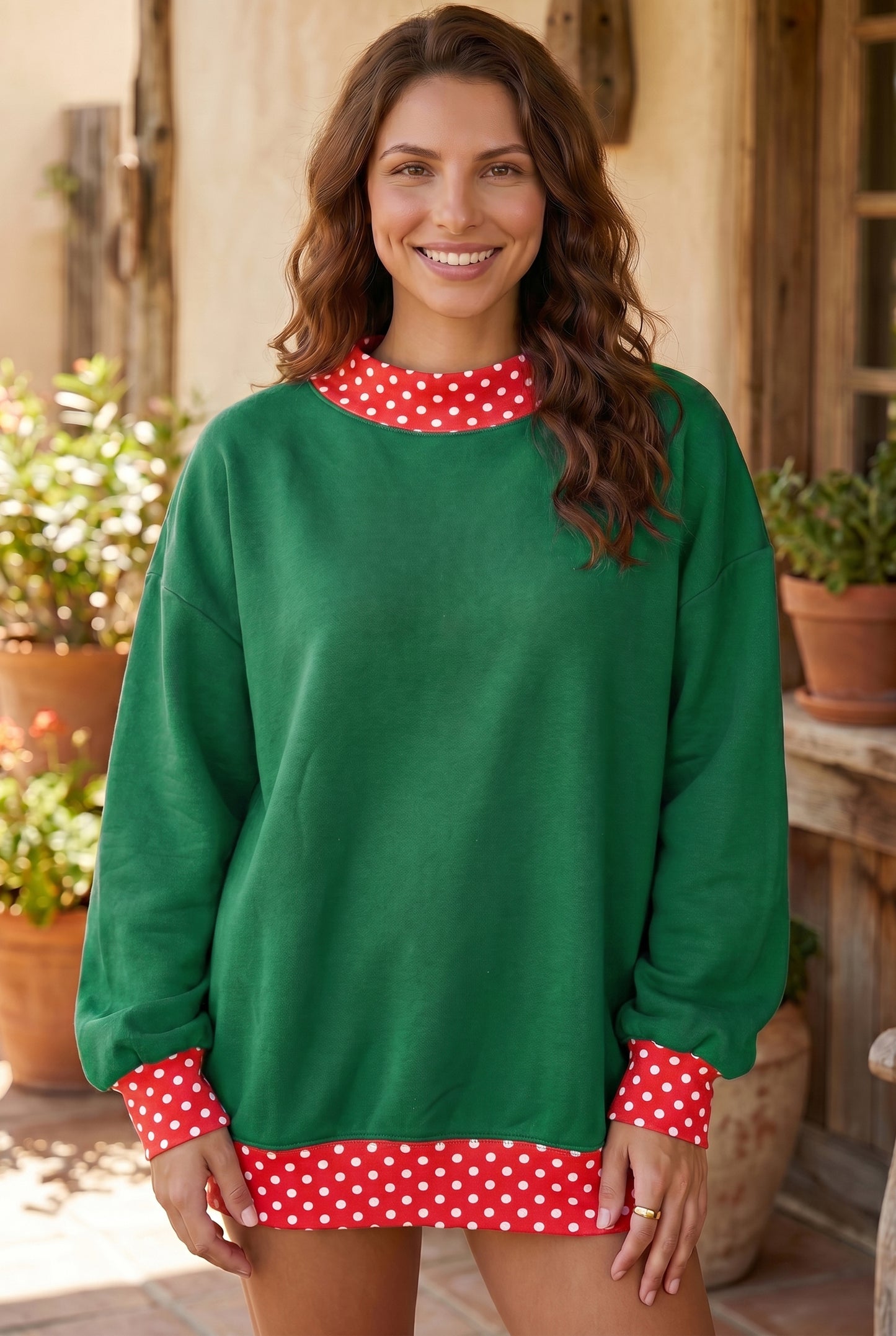 Fiery Red Colorblock Polka Dot Contrast Trim Oversized Sweatshirt