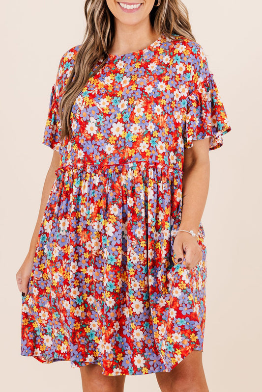 Red Flower Print Frill Waist Plus Size Mini Dress