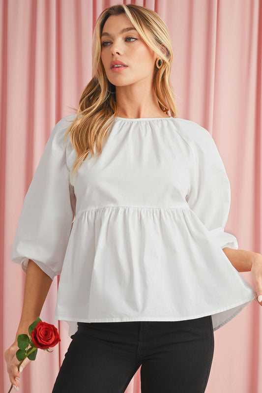 White Bow Knot Cutout Back Loose Fit 3/4 Sleeve Blouse