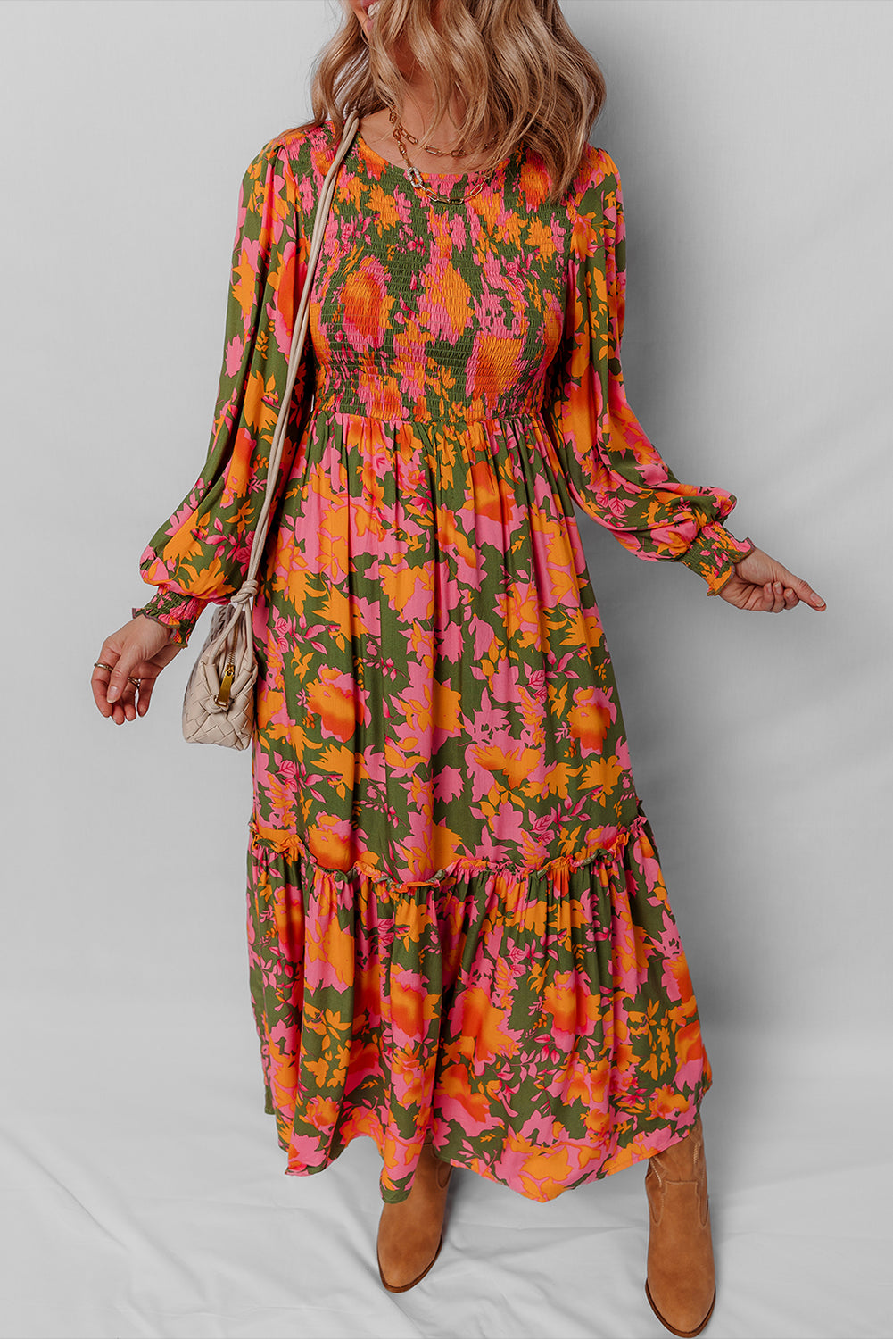 Chestnut Floral Puff Sleeve Smocked Bodice Ruffled Long Dress