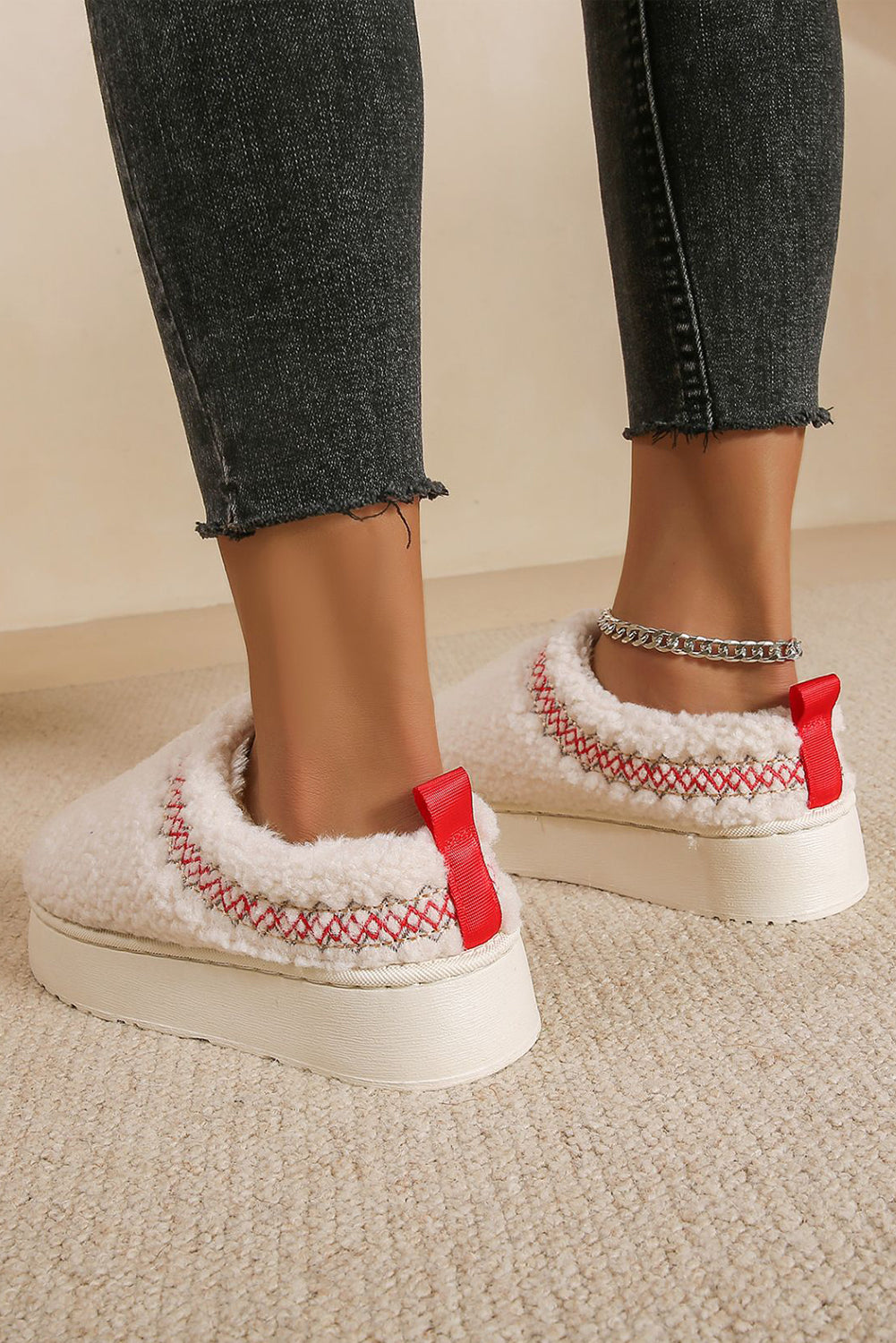 Oatmeal Warm Contrast Trim Plush Thick Sole Slippers