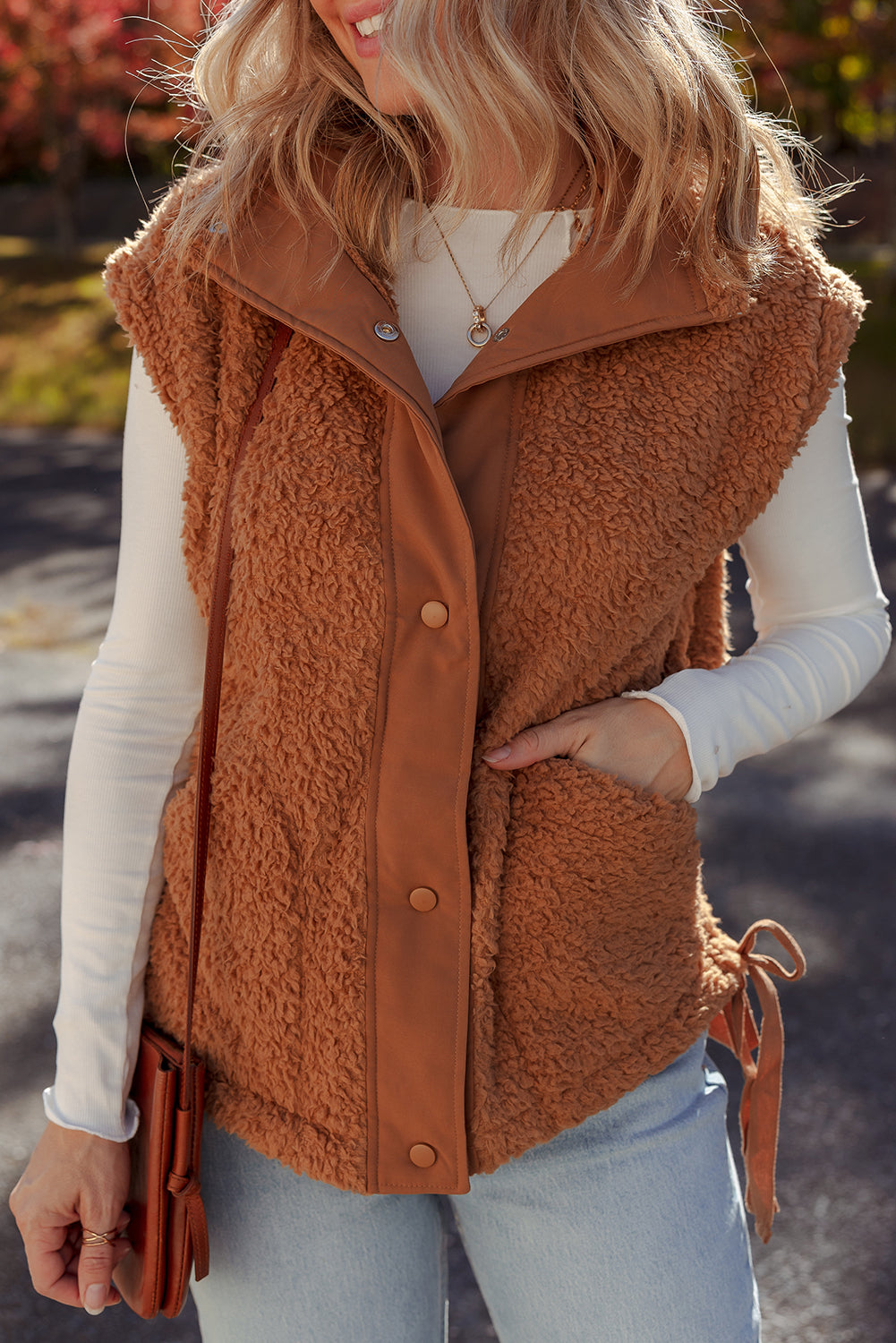 Cinnamon Faux Fur Snap Button Front Knot Side Plush Vest