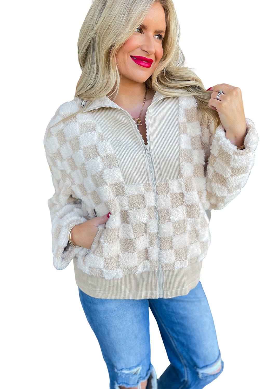 Khaki Checkered Sherpa Corduroy Patchwork Zip-up Collared Jacket