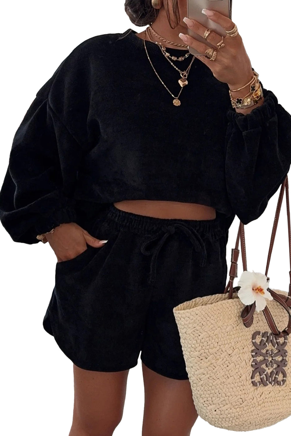 Dark Brown Textured Knit Drop Shoulder Pullover Drawstring Shorts Set