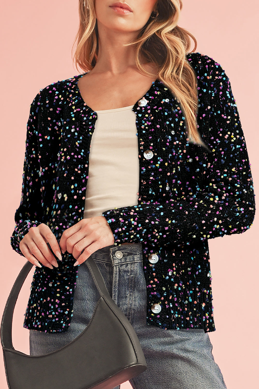 Apricot Confetti Knit Cropped Open Front Cardigan