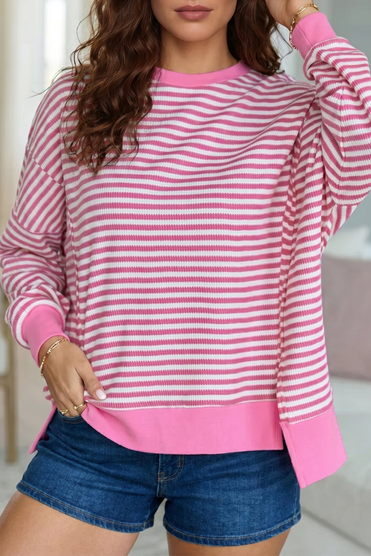 Khaki Stripe Textured Knit Color Block Trim Split Hem Long Sleeve Top