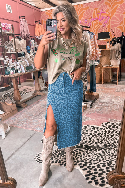Sky Blue Leopard Frayed Split Denim Midi Skirt