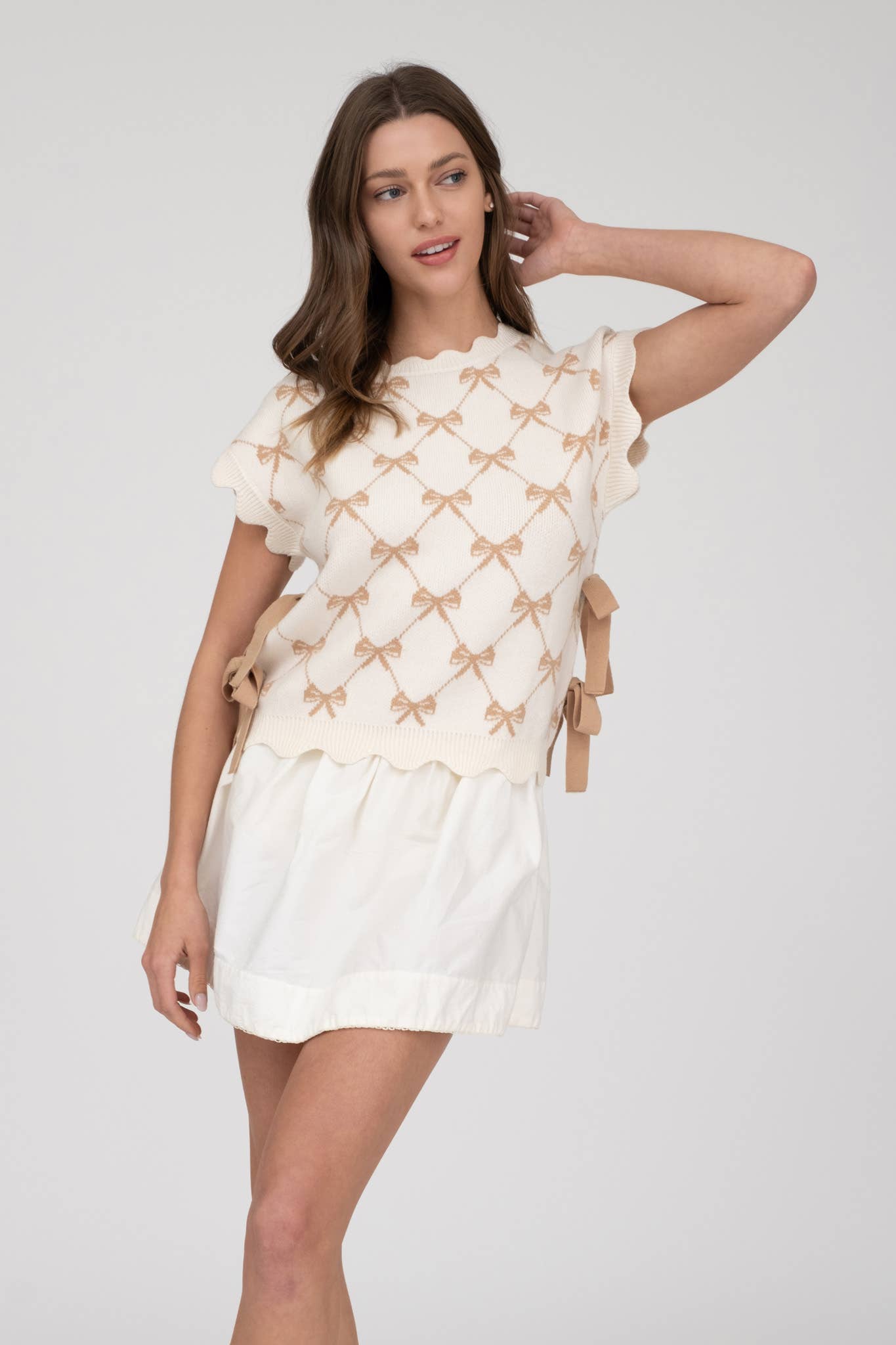 BOW PATTERN SHORT SLEEVE SIDE TIE KNIT PULLOVER