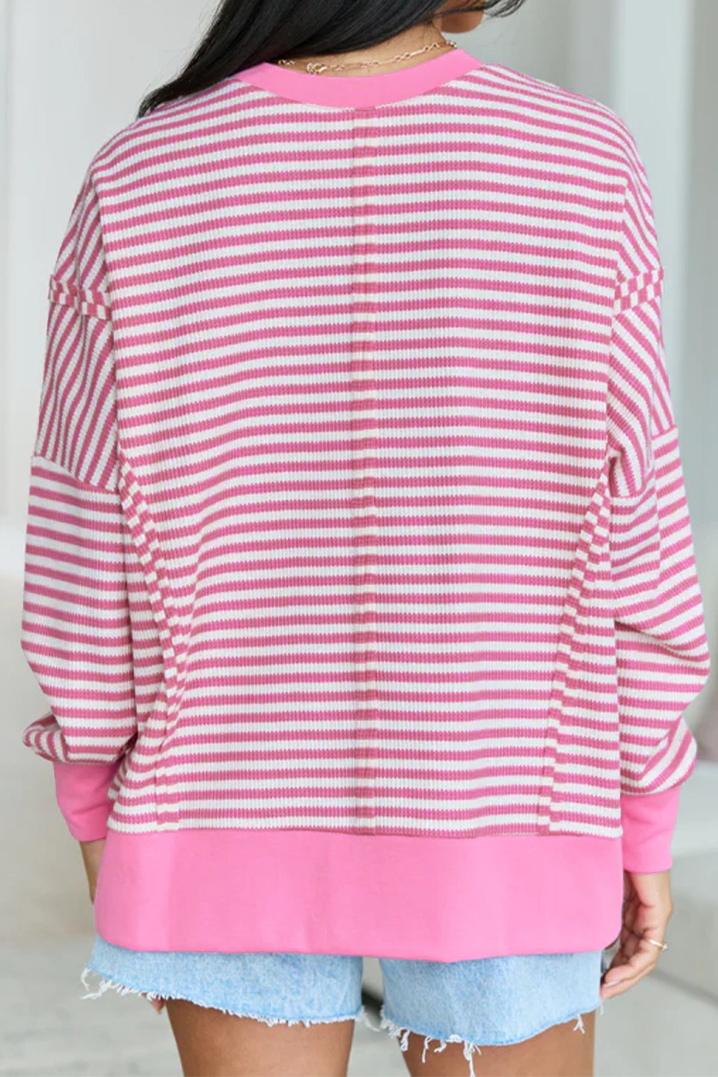 Khaki Stripe Textured Knit Color Block Trim Split Hem Long Sleeve Top