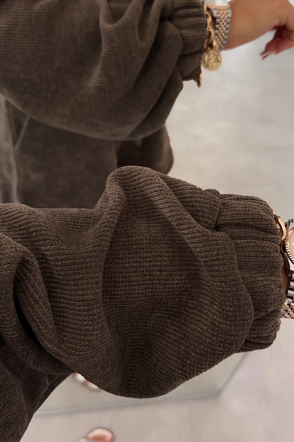 Dark Brown Textured Knit Drop Shoulder Pullover Drawstring Shorts Set