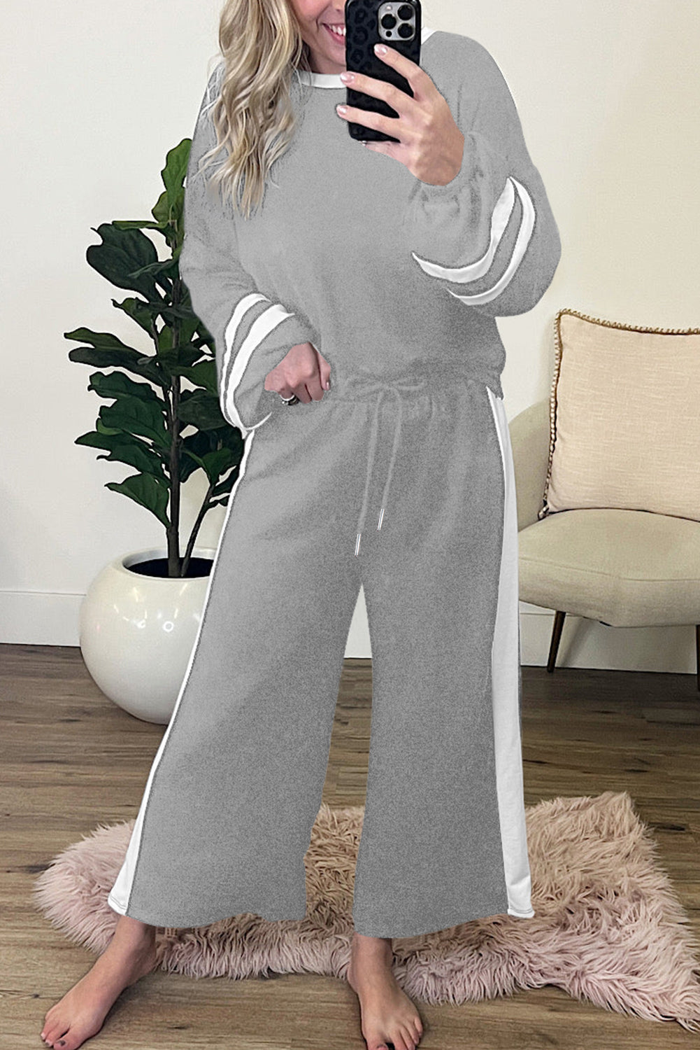 Black Contrast Trim Long Sleeve Pullover and Pants Set