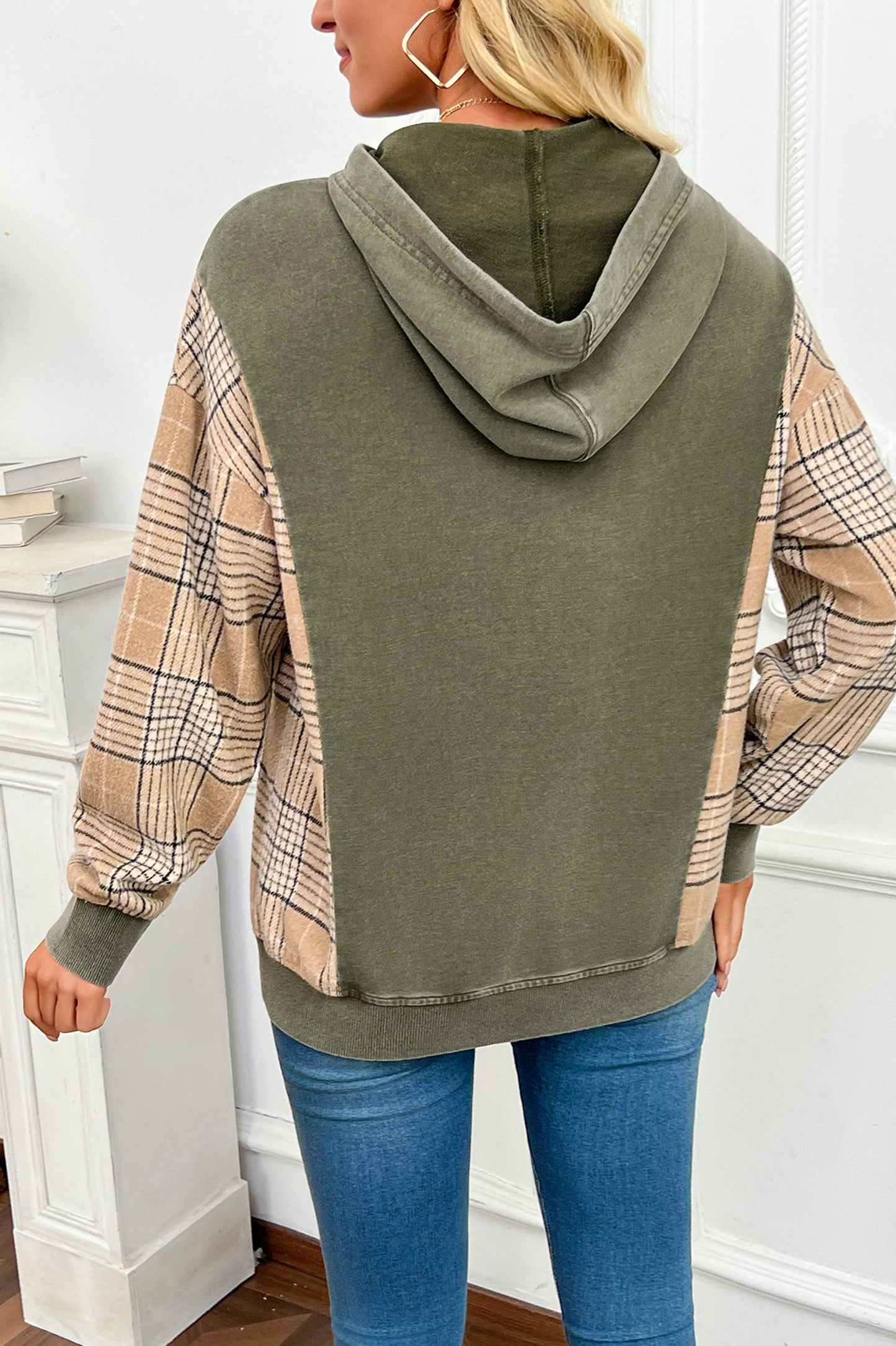 Moss Green Plaid Sleeve Drawstring Pocket Hooded Sweatshirt