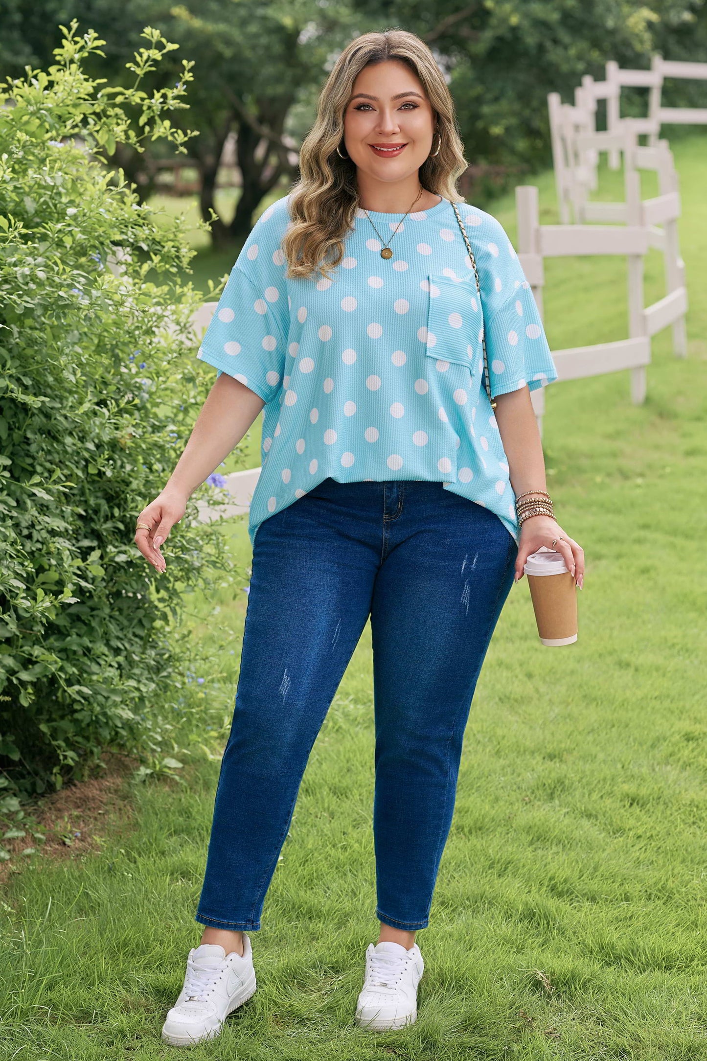Pink Twisted Rib Polka Dot Print Plus Size T Shirt