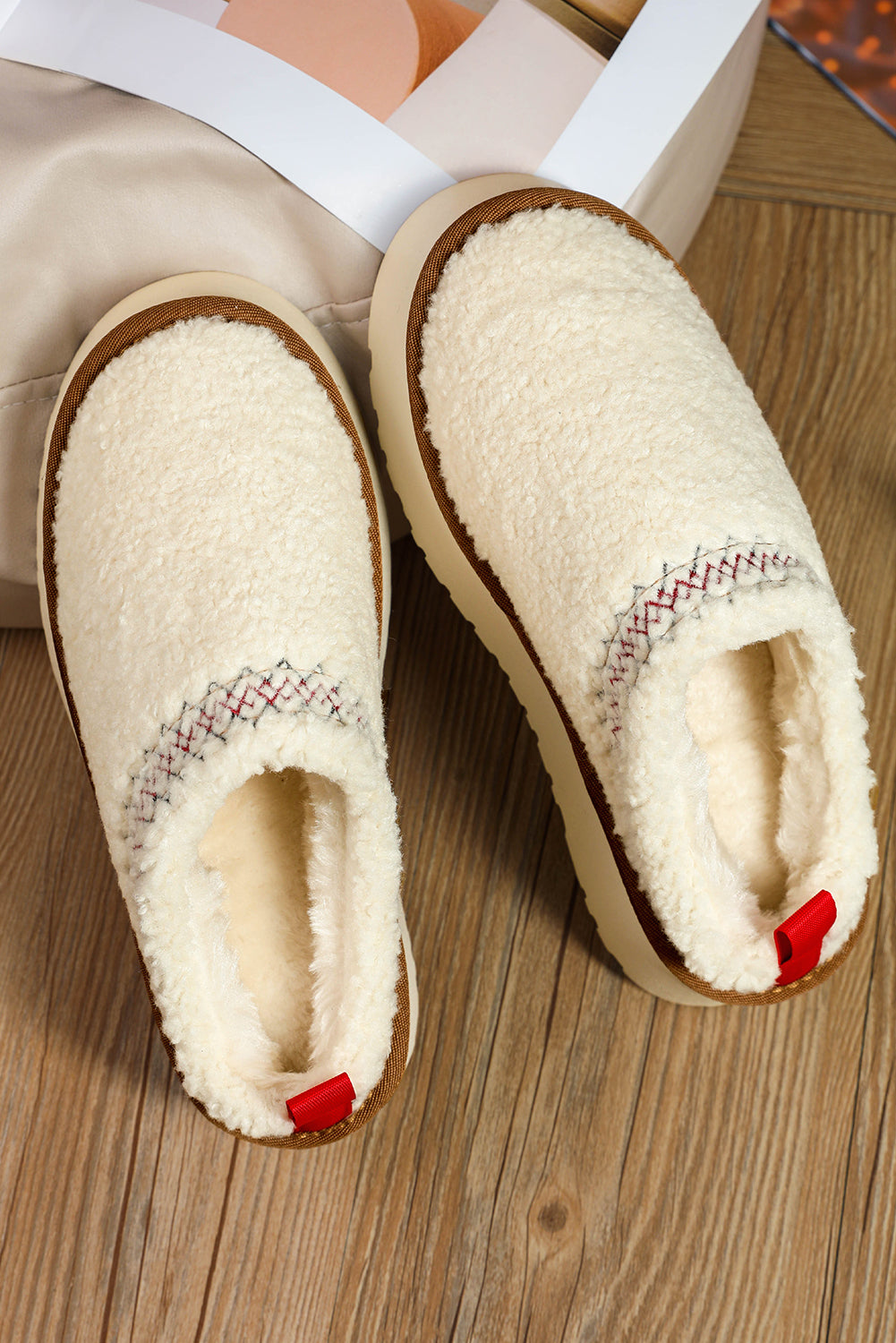 Oatmeal Warm Contrast Trim Plush Thick Sole Slippers