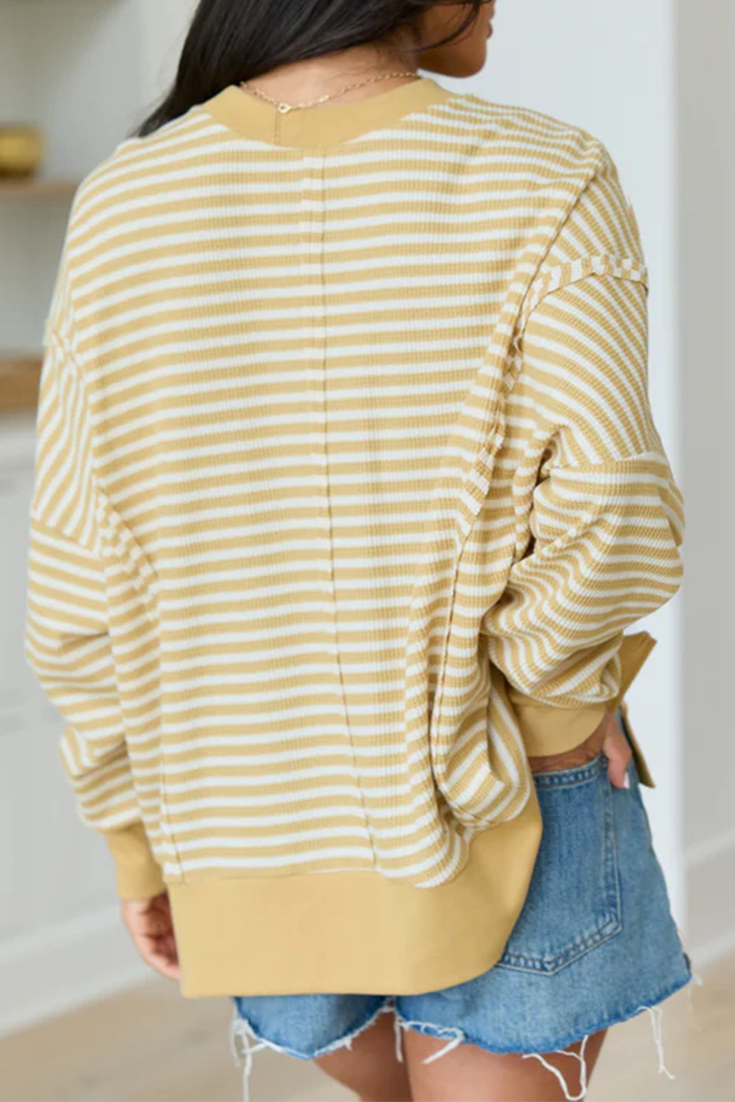 Khaki Stripe Textured Knit Color Block Trim Split Hem Long Sleeve Top