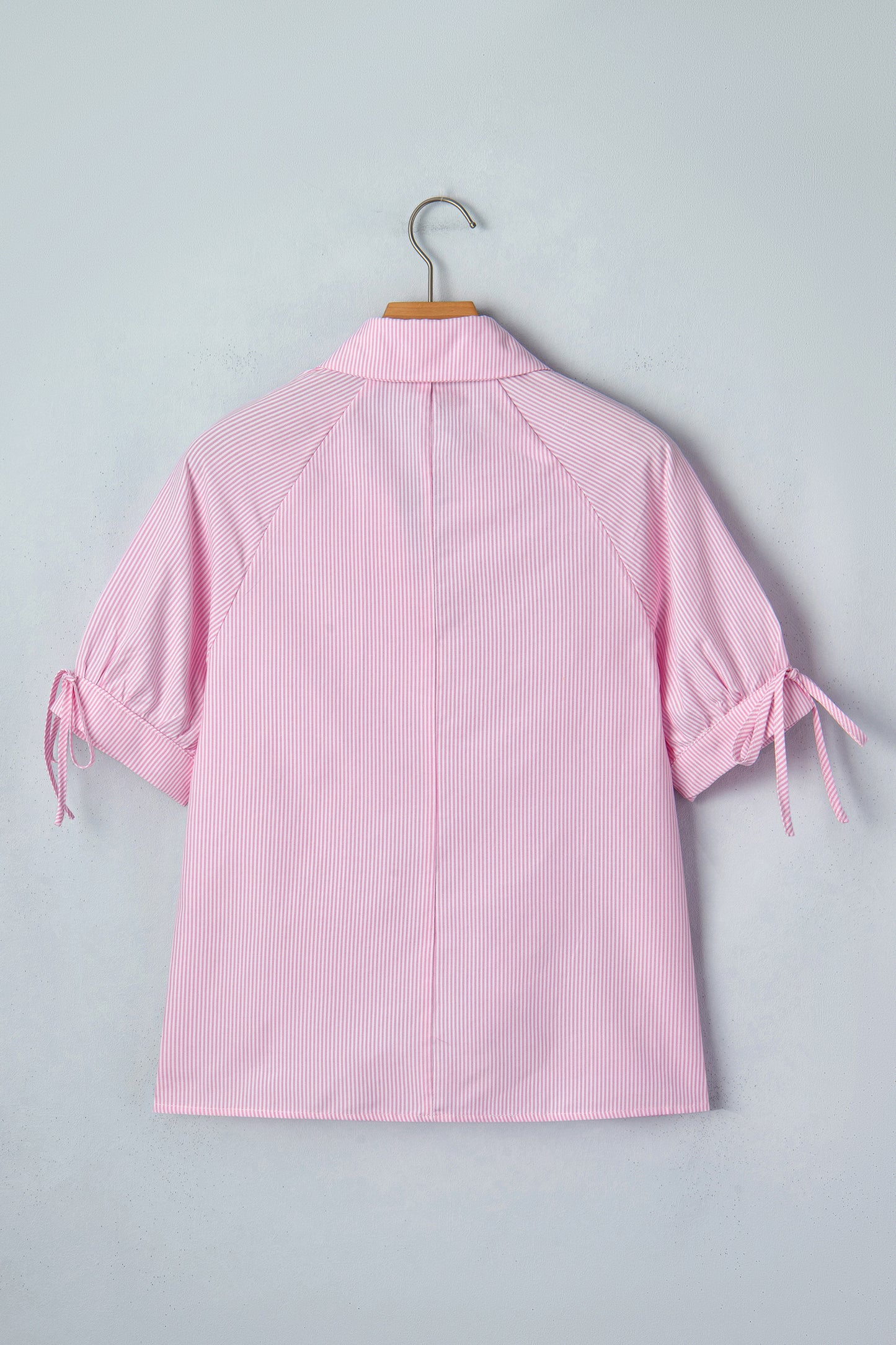 Mint Green Striped V Neck Collared Bubble Sleeve Blouse