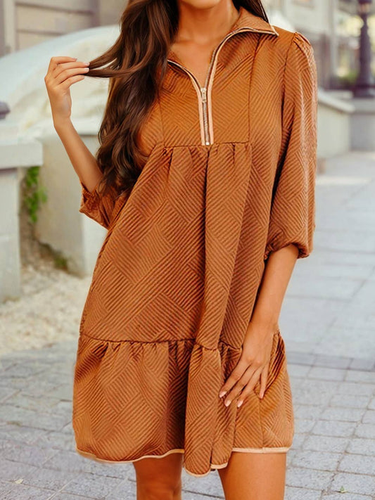 Quarter Zip Collar Bracelet Sleeve Textured Mini Dress