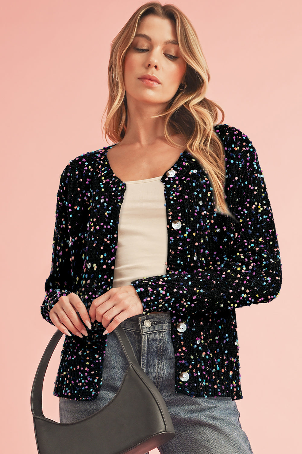 Apricot Confetti Knit Cropped Open Front Cardigan
