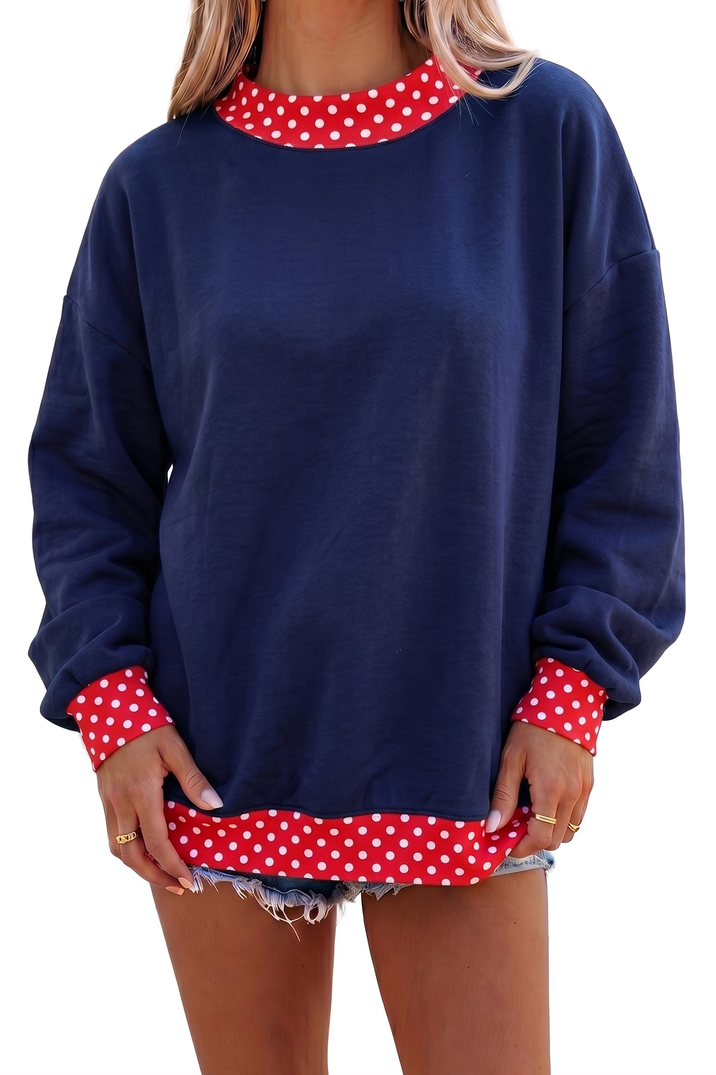 Fiery Red Colorblock Polka Dot Contrast Trim Oversized Sweatshirt