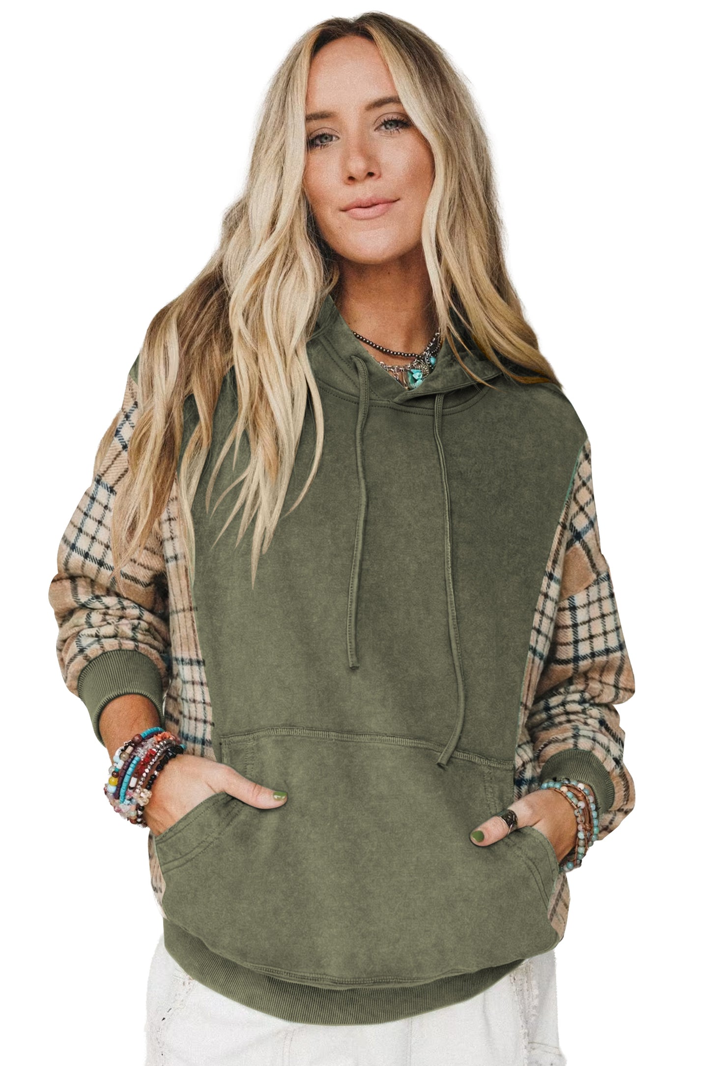 Moss Green Plaid Sleeve Drawstring Pocket Hooded Sweatshirt