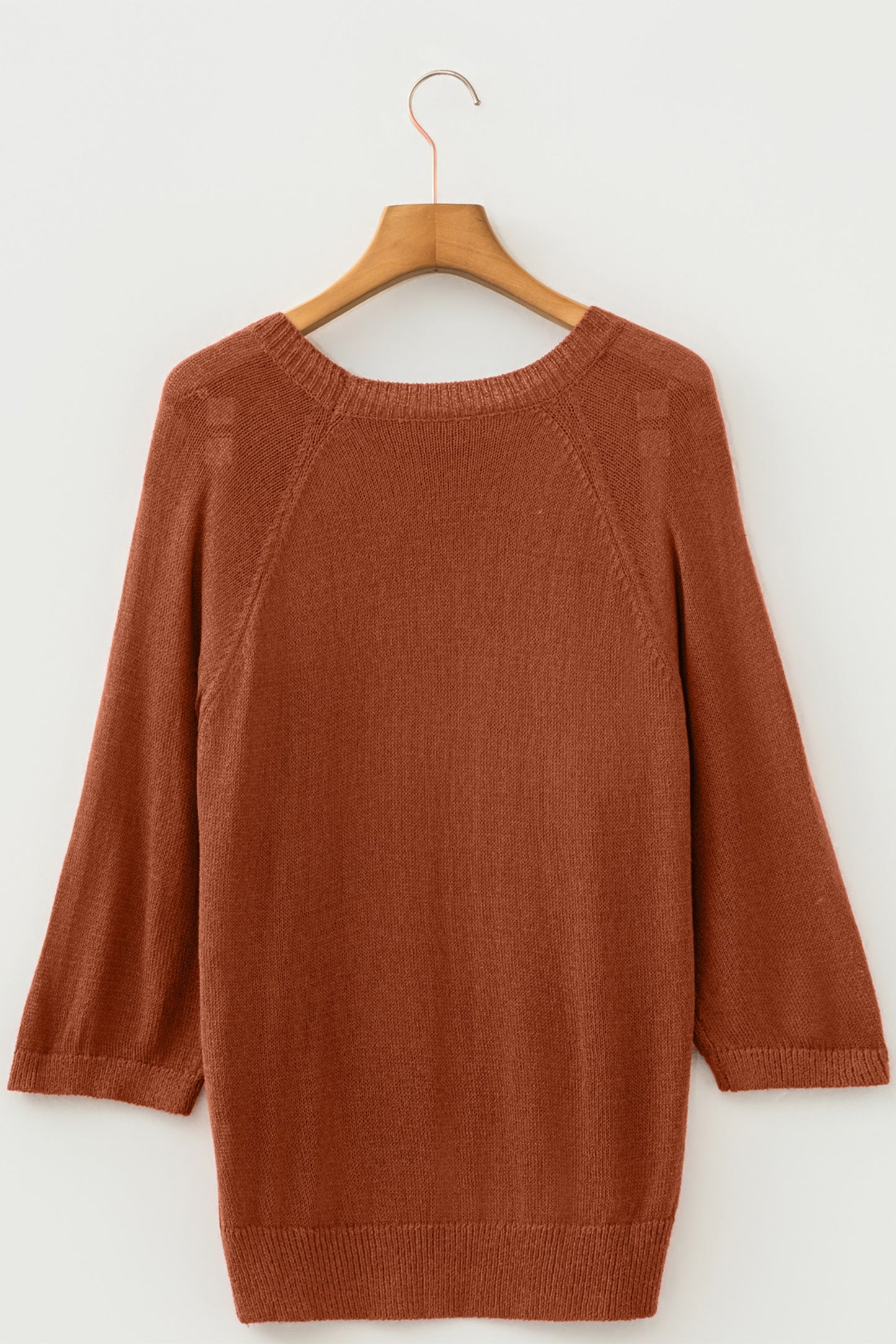 Coffee Ribbed Knit Round Neck Short Sleeve Sweater