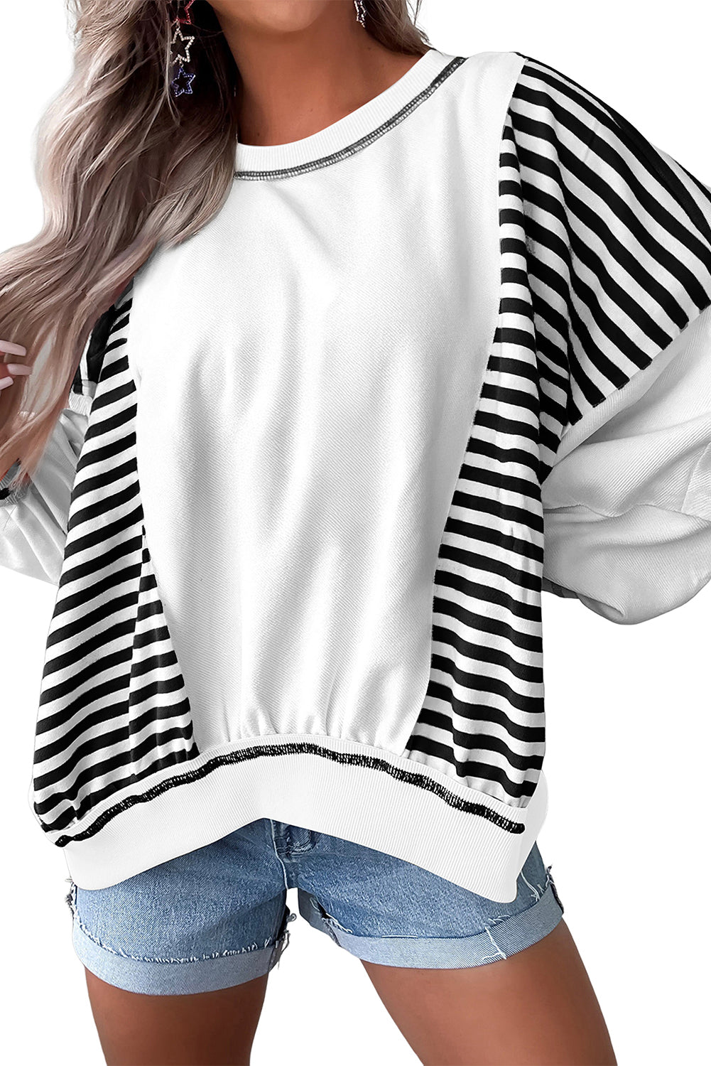Red Striped Colorblock Patchwork Oversized Sweatshirt