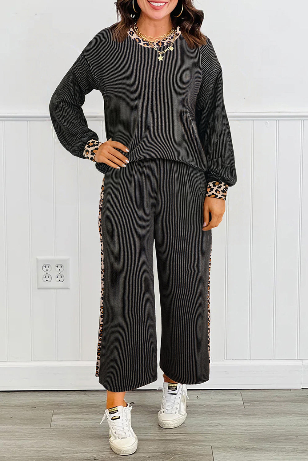 Carbon Grey Twisted Rib Leopard Patchwork Detail 2pcs Pants Set