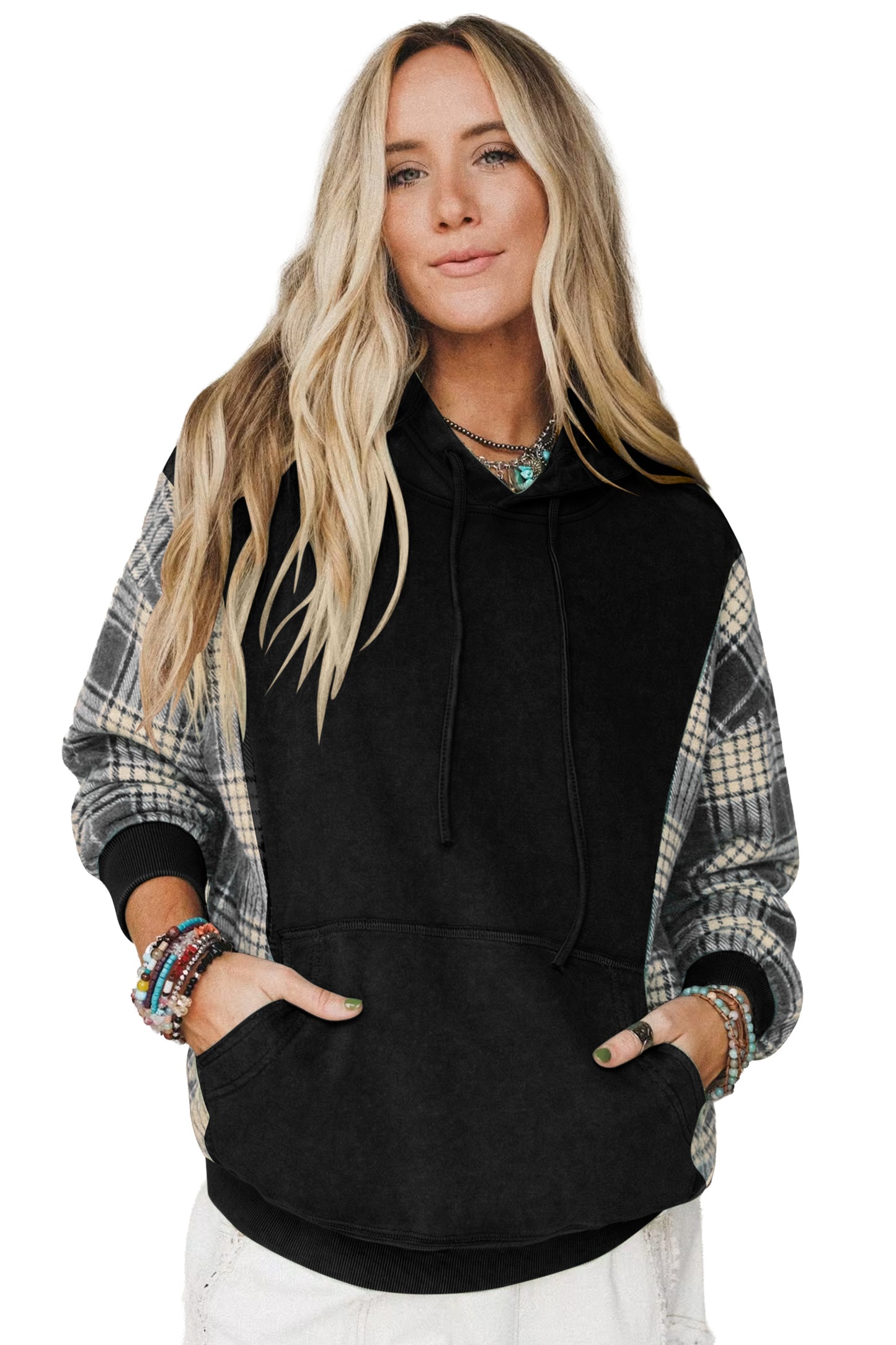 Moss Green Plaid Sleeve Drawstring Pocket Hooded Sweatshirt