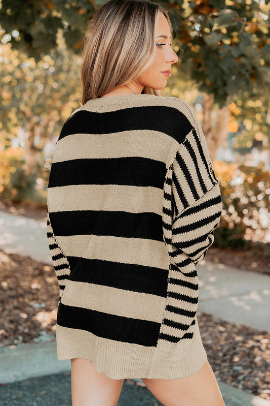 Black Stripe Drop Shoulder Sleeve Patchwork Baggy Sweater