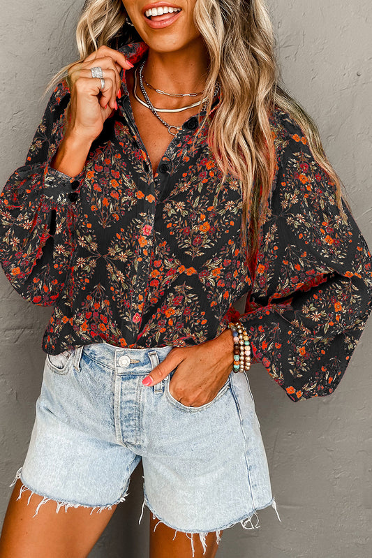 Black Floral Print Collared Button Up Puff Sleeve Shirt