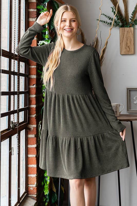 LONG SLEEVE SOLID URBAN RIBBED TIERED MINI DRESS