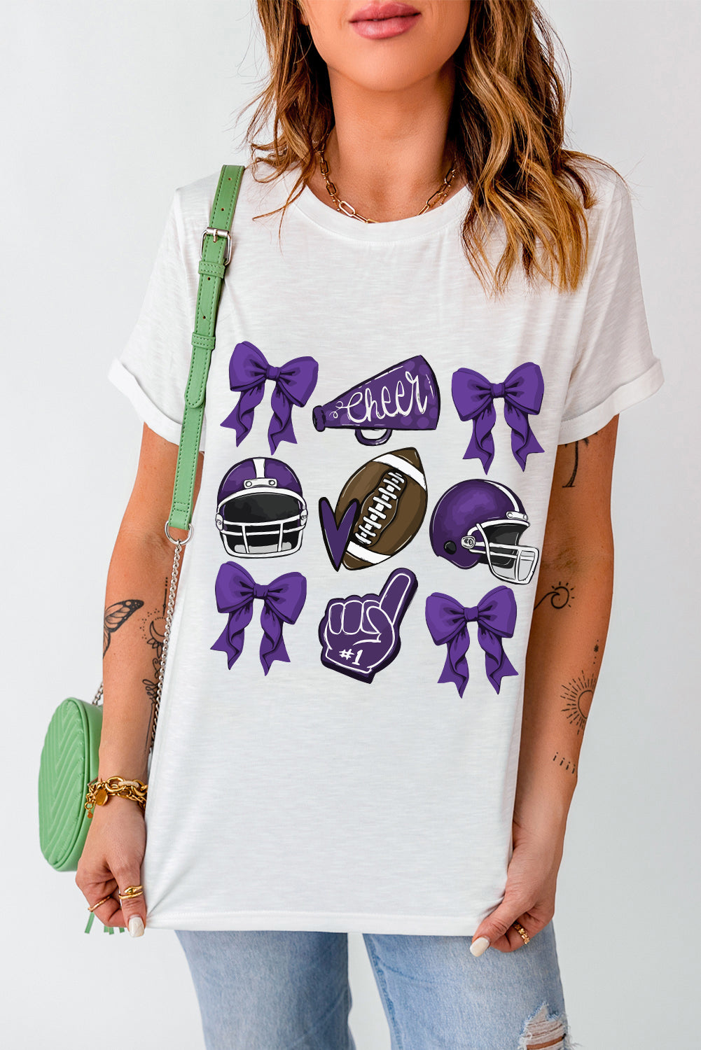 White Game Day Rugby Cheer Helmet Bow Graphic Tee