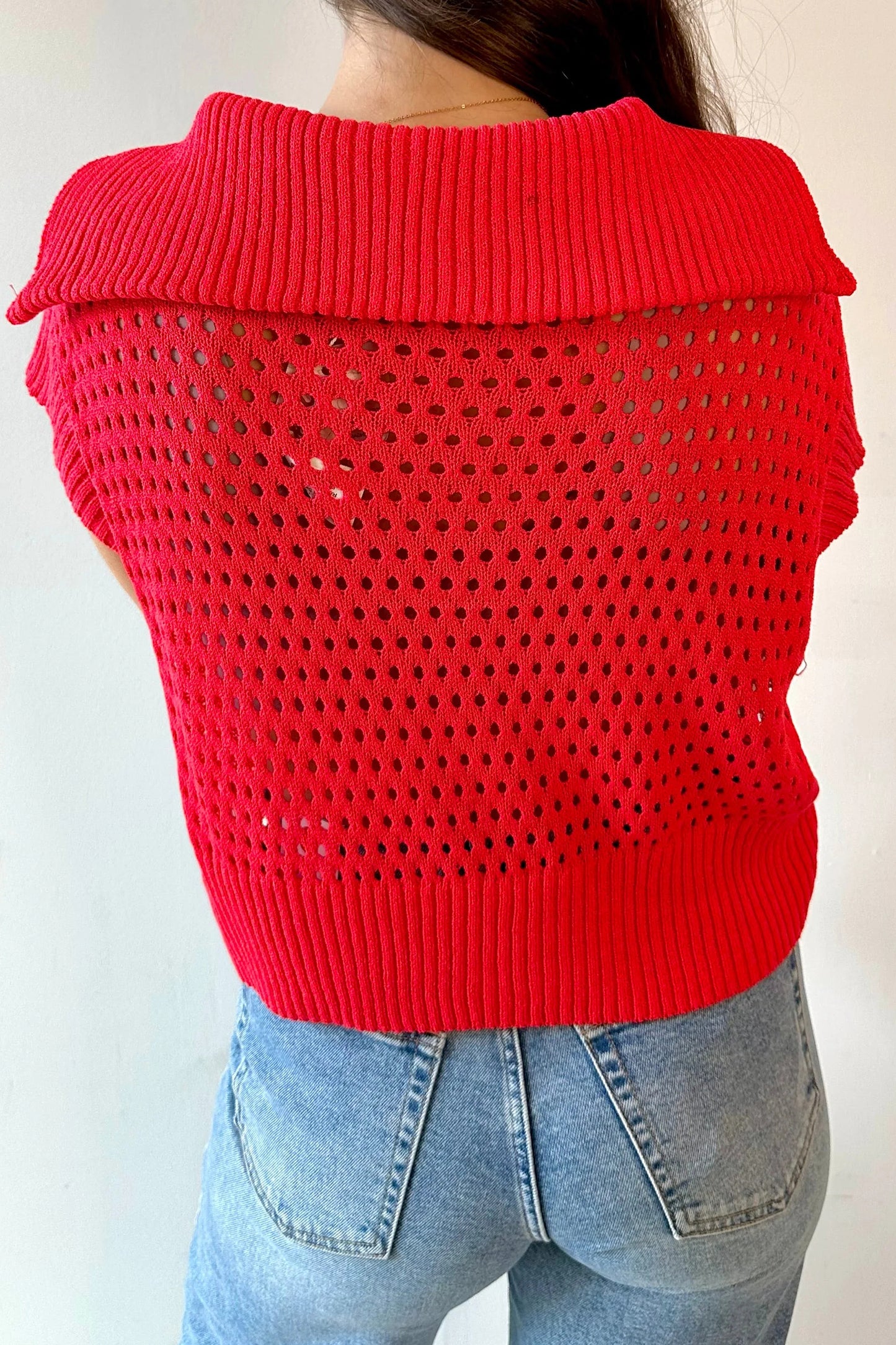 Sky Blue Solid Color Hollowed Knit Short Sleeve Zipper Collar Knitwear Top