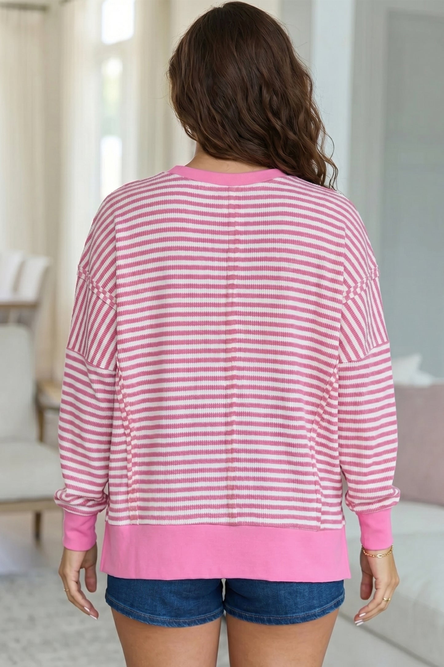 Khaki Stripe Textured Knit Color Block Trim Split Hem Long Sleeve Top