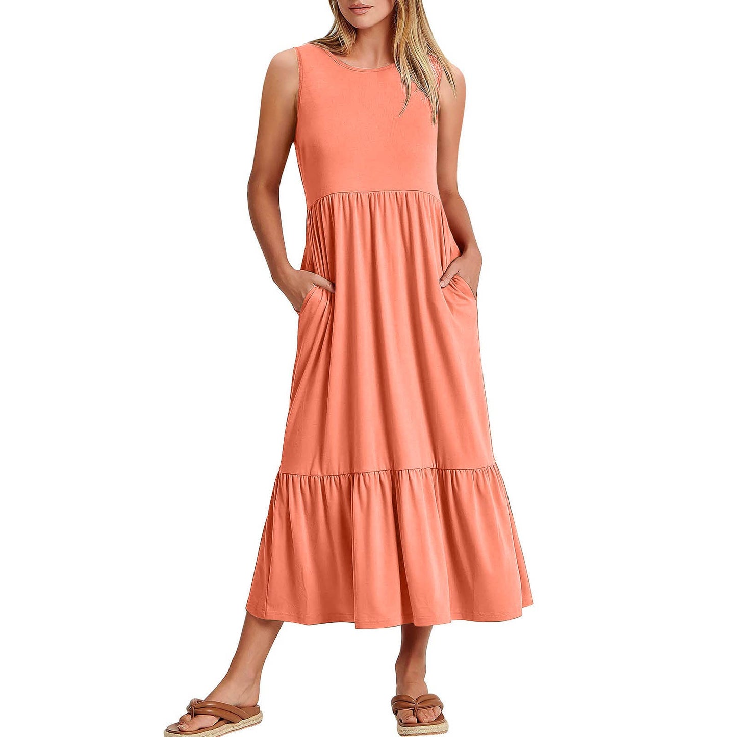 Ladies Sleeveless Simple Midi Dress, Pockets