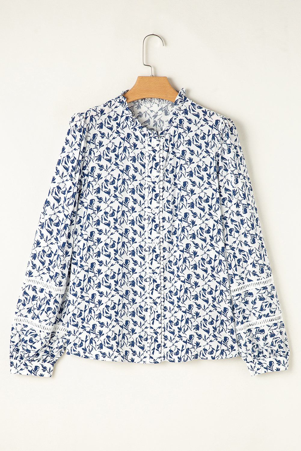 Khaki Printed Floral Print Lace Detail Puff Sleeve Fall Shirt
