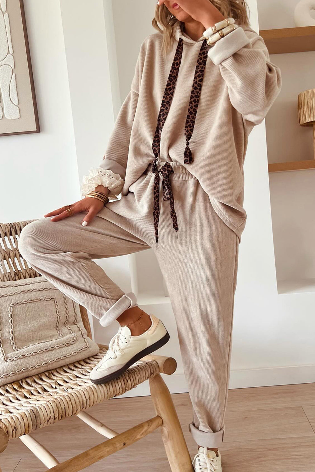 Jet Stream Drawstring Pullover Hoodie and High Waist Pants Corduroy Suit